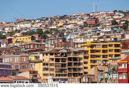 Valparaiso, Chile - December 8, 2008: Hill Above Bay Is Covered By Dense Housing, Dwellings And Apar