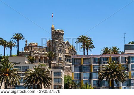 Vina Del Mar, Chile - December 8, 2008: Closeup Of Dark Stone With Beige Trim Wulff Castle Under Blu
