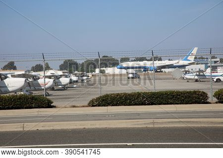Irvine, California / USA - October 18.2020: Air Force One lands at John Wayne Airport in Irvine California, with President Donald J. Trump on board for a Private Fund Raiser in Newport Beach.