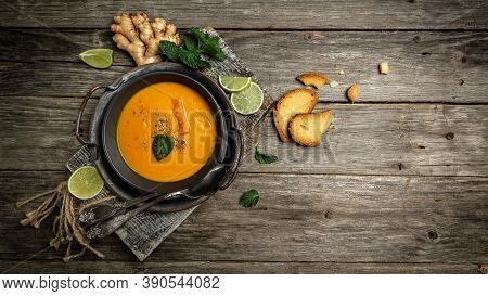 Pumpkin And Carrot Soup, Cream Of Carrot Soup With Baked Peppers, Carrots And Cheese, Lime Juice And