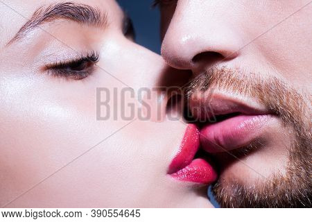 Sensual Passionate Couple Kissing Lips. Closeup Of Couple Mouths Kiss