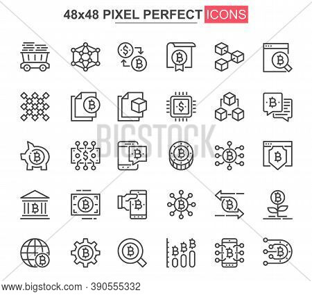 Bitcoin Mining Thin Line Icon Set. Cryptocurrency Fintech Outline Pictograms For Web And Mobile App 