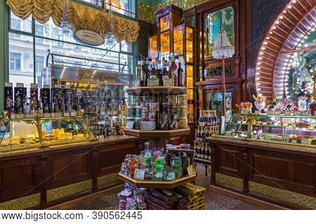 Saint-Petersburg, Russia - July 25, 2020: Interior of Eliseyev Emporium (Elisseeff brothers shop) on Nevsky Prospekt.