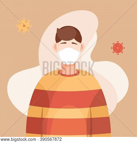 Covid-19, Portrait Of Man In Respiratory Medical Mask, Flying Virus Pathogen Around. Spreading Virus