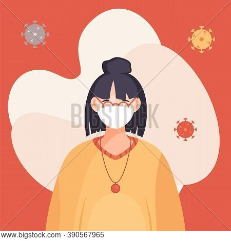 Covid-19, Portrait Of Woman In Respiratory Medical Mask, Flying Virus Pathogen Around. Spreading Vir