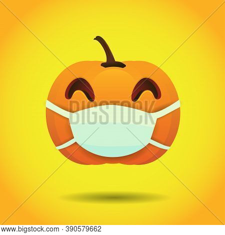 Smile Halloween Pumpkin Face With Closed Eyes Wearing A White Surgical Mask Vector Illustration