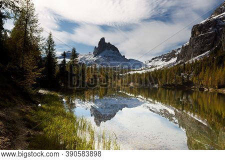 Autumn In The Dolomites, View Of Federa Lake Surrounded By Mountains. High Quality Photo
