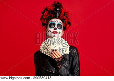 Scary Young Creepy Lady Calavera. Wears Artistic Make-up For The Feast Of All The Dead.wears Black L
