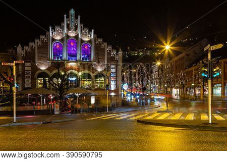 Bergen, Norway- 12 December 2015: View Of The Main Square Torgallmenningen In Th City At Night. Beau
