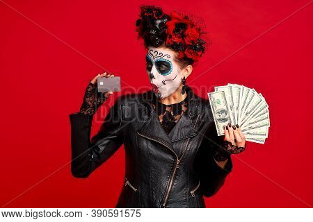 Scary Young Creepy Lady Calavera. Wears Artistic Make-up For The Feast Of All The Dead.wears Black L