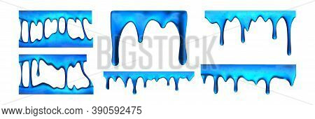 Realistic Blue Slime Drips Set Collection. Collection Of Realism Style Drawn Blots. Illustration Of 