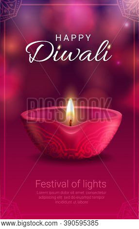 Diwali Festival Of Light Vector Banner With Indian Hindu Religion Diya Lamp. Pink Oil Lamp With Fire