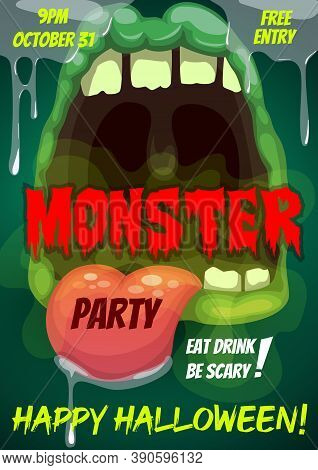 Happy Halloween Party Vector Flyer With Monster Mouth, Cartoon Invitation Poster With Open Zombie To