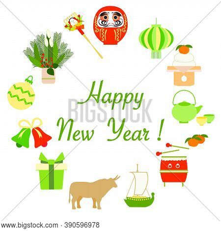Symbols Of The Japanese New Year 2021 Ox, Daruma, Asian Lantern, Kettle, Cups, Food, Rake, Tangerine