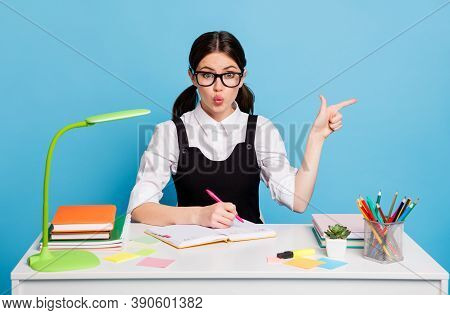 Astonished High School Girl Sit Taable Prepare Academic Exam Write Copybook Make Lips Plump Point Fi