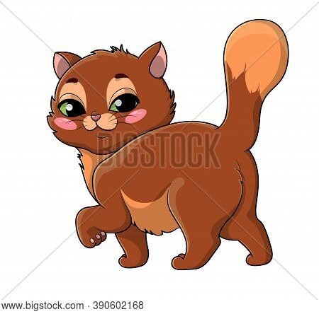 Proud Little Green-eyed Cartoon Cat Prancing Along With Its Tail Raised Glancing Back At The Viewer 