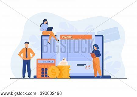 Tiny People Preparing Invoice On Computer Isolated Flat Vector Illustration. Cartoon Accountants Cre