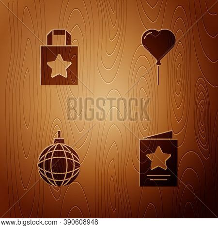 Set Greeting Card, Paper Shopping Bag, Disco Ball And Balloon Form Of Heart On Wooden Background. Ve