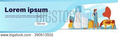 Fresh Milk In Glass Jug. Cow Pasturing On Farming Field. Vector Illustration For Farm Food, Nutritio