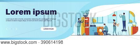 Handyman Working At Customer Home. Repair Man Fixing Washing Machine, Hammering Nails. Vector Illust