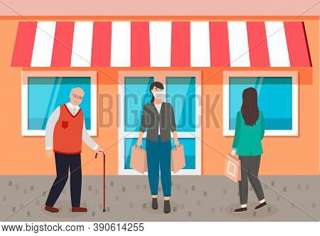 Woman Wearing Medical Face Mask With Packages Walking From Shop Or Store. Young Woman With Long Hair