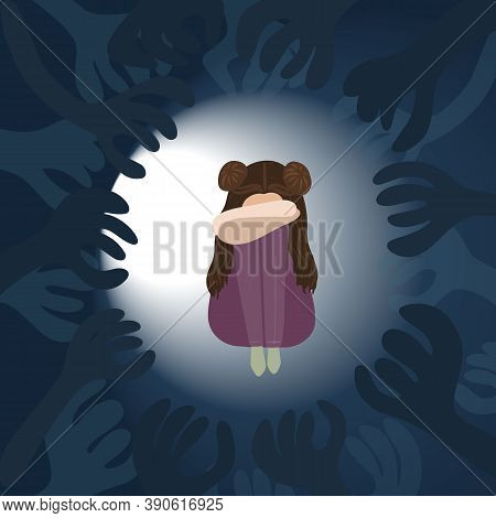 The Girl Sits Alone And Is Afraid. Nightmares, Fears Attack