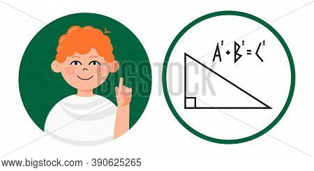 Pupil Avatar With Math Class Icon For Web And Design. Smart Student Like Pythagoras. Fun Learning Co