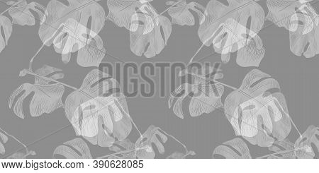 Vector Seamless Pattern, Exotic Plant Leaves, Monochrome Gray Background Template, Light Leaves.