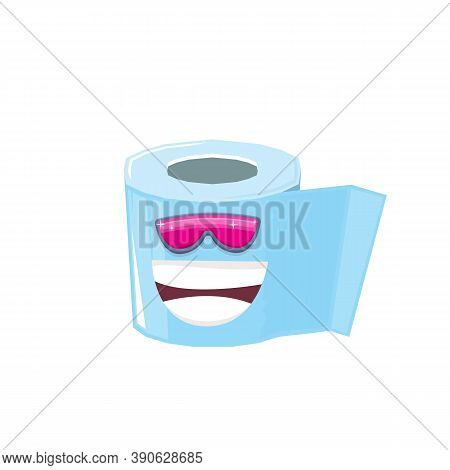 Vector Funny Cartoon Toilet Paper Roll Character With Sunglasses Isolated On White Background. Funky