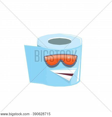Vector Funny Cartoon Toilet Paper Roll Character With Sunglasses Isolated On White Background. Funky