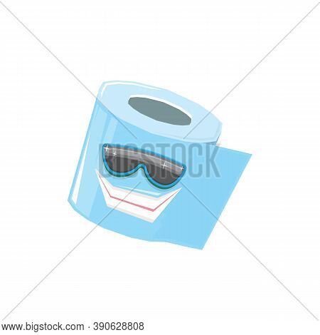 Vector Funny Cartoon Toilet Paper Roll Character With Sunglasses Isolated On White Background. Funky