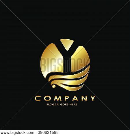 Golden Business Initial Y Logo Letter, Elegance Wave Wing Bird With Negative Space Letter Y Template