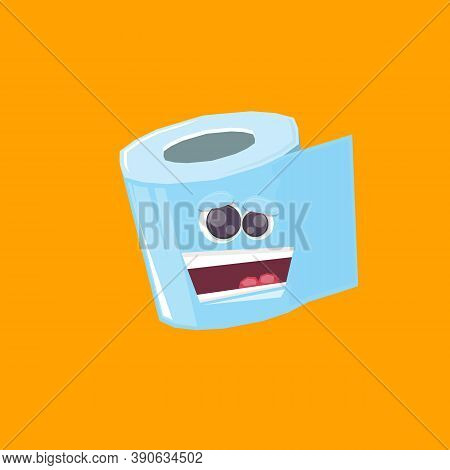 Vector Funny Cartoon Toilet Paper Roll Character Isolated On Orange Background. Funky Smiling Kawaii