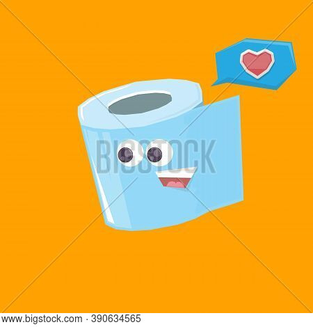Vector Funny Cartoon Toilet Paper Roll Character Isolated On Orange Background. Funky Smiling Kawaii