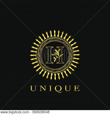 Golden Circle Deco H Luxury Floral Letter Logo  Design. Monogram Unique Emblem  Ornate Nature Floral