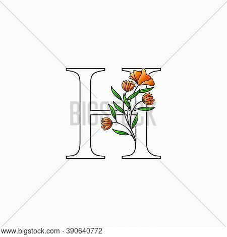 Outline Nature Flower Initial Letter H Logo Icon, Vector Letter With Hand Drawn Ornate Nature Flower