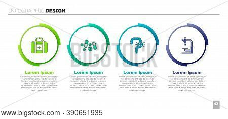 Set First Aid Kit, Medicine Pill Or Tablet, Gut Constipation And Microscope. Business Infographic Te