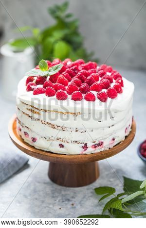 Raspberry Cake. Raspberry Pie. А Piece Of White Cake With Milk Cream Mousse And Raspberry Filling On
