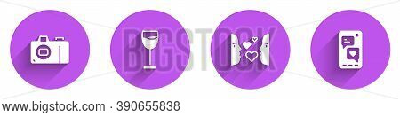 Set Photo Camera, Wine Glass, Love At First Sight And Mobile With Heart Icon With Long Shadow. Vecto