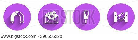 Set Love Magnet, Envelope With Valentine Heart, Ice Cream And At First Sight Icon With Long Shadow. 