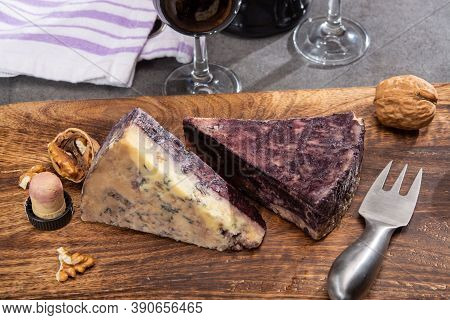 Cheese Collection, Blue Stilton English Cheese Matured In Red Porto Wine Served As Dessert With Waln