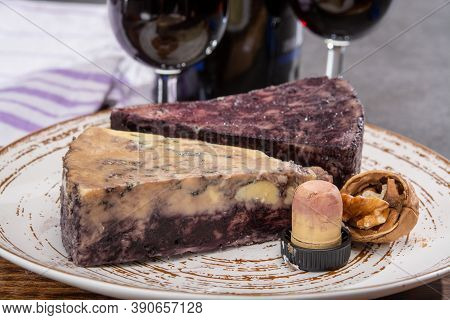 Cheese Collection, Blue Stilton English Cheese Matured In Red Porto Wine Served As Dessert With Waln