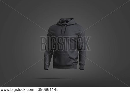 Blank Black Sport Hoodie With Hood Mockup, Dark Background, 3d Rendering. Empty Casual Loose Overall