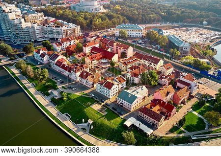 Minsk City Landscape In The Summer, Belarus. Aerial View Of Nemiga. View Of The Traetskae Pradmestse