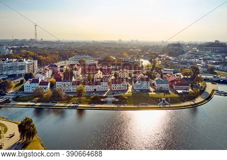 Minsk City Landscape In The Summer, Belarus. Aerial View Of Nemiga. View Of The Traetskae Pradmestse