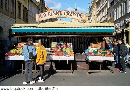 Prague, Czech Republic - September 30, 2019: Visitors To The Havelské Tržiště (havel Market) In The 