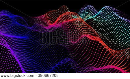Sea Waves From Node. Hud Data Dots Flow. Research Points Stream. Big Data Visualized For The Present