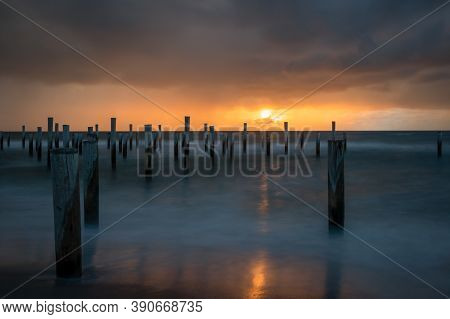 Long Exposure Photography, Taken At The North Sea In Petten With The Pole Village In The Sea, Taken 