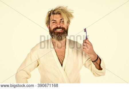 Relaxed Man In White Terry Bathrobe. Morning Portrait Of Bearded Man. Man Spend Day Off At Home. Car