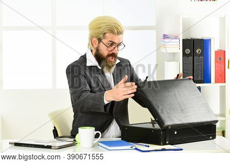 Corrupted Businessman With Office Bag. Successful Bearded Man Got Lot Of Money. He Make Dollars. Con